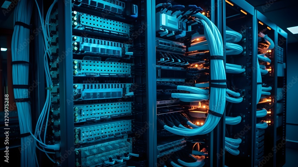Poster sophisticated enterprise level internet cable systems featuring a complex web of interconnected fibe