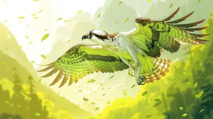 A majestic bird with vibrant green feathers soars through a lush, mountainous landscape.