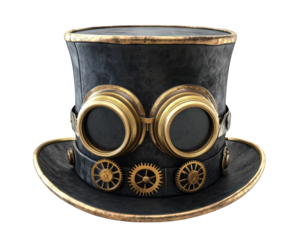 stylish steampunk top hat featuring brass goggles and intricate clockwork details, perfect for adding unique flair to any outfit