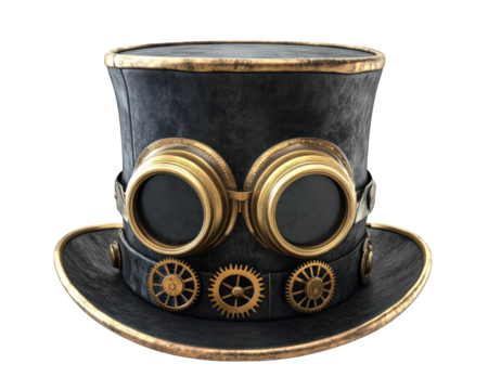 stylish steampunk top hat featuring brass goggles and intricate clockwork details, perfect for adding unique flair to any outfit