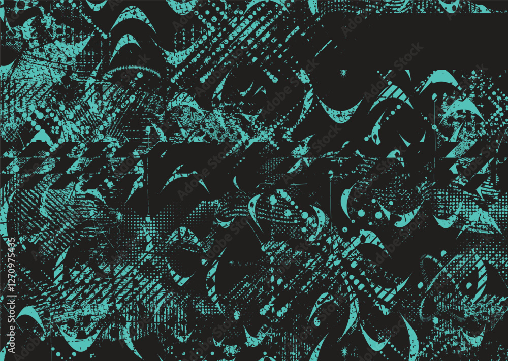 Poster Background with glitch distorted grunge textures . grunge background texture with halftone dots, glitched shapes, textures and lines .Screen print vector background with grunge textured surface.