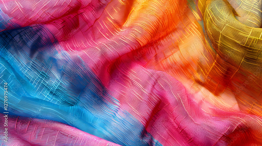Poster colorful abstract fabric texture with vibrant hues flowing seamlessly, creating a dynamic visual eff