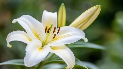 Obraz premium Beautiful white lily flower in full bloom with green foliage creating a serene garden atmosphere : Generative AI