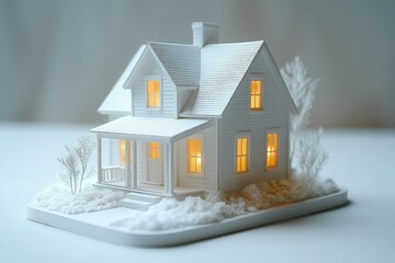 Charming Miniature White House with Warm Yellow Lights, Set in a Serene Winter Scene, Evoking Cozy Family Moments and Holiday Spirit at Home