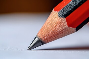 Close-Up Image of a Red and Black Pencil Pointing Downwards on Blank White Sheet of Paper, Ideal for Art, Writing, and Education Themes