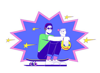 Headphones retro skater eating lollipop with CD player 2D illustration concept. 90s music, y2k boy sitting on skateboard cartoon character isolated on white. Metaphor abstract flat vector graphic