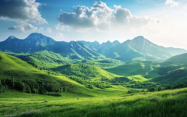 Fototapeta premium Majestic mountain landscape with lush green valleys and a clear blue sky