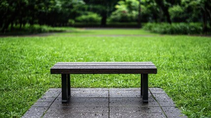 Wooden Bench on Wet Grass in a Park