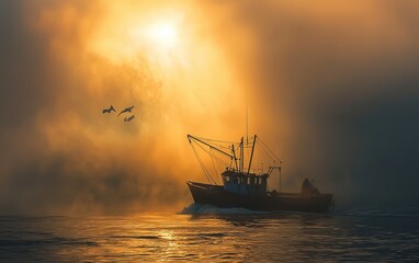 Misty morning over the sea with a fishing boat setting sail