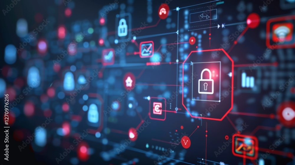 Aufkleber A diverse range of digital icons illustrating security measures and technology are displayed on a dark background, emphasizing the importance of data protection and privacy.