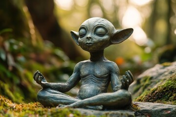 Obraz premium Small bronze figure of a peaceful creature meditating in a lush forest during golden hour