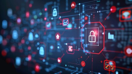 A diverse range of digital icons illustrating security measures and technology are displayed on a dark background, emphasizing the importance of data protection and privacy.