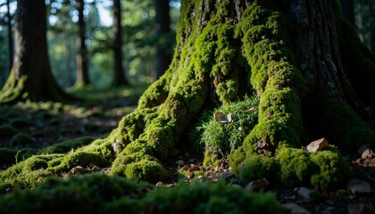Fototapeta premium A serene forest scene where a blanket of vibrant green moss covers the forest floor, surrounding a large tree stump