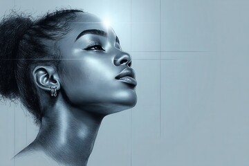 Elegant Portrait of a Stylish Young Woman Showcasing Modern Artistry with a Serene Expression and Radiant Light Emphasizing Features and Graceful Lines