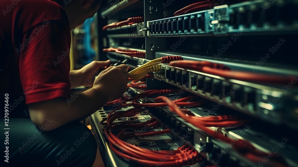 Poster close up view of an it specialist configuring and maintaining high tech internet connectivity cables