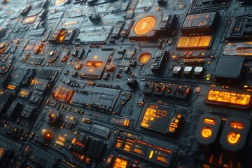 Futuristic Circuit Board Background Featuring Complex Technology Elements and Illuminated Displays, Perfect for Sci-Fi Design Projects and Digital Interfaces