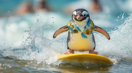 Penguin riding a surfboard in the ocean during a sunny day