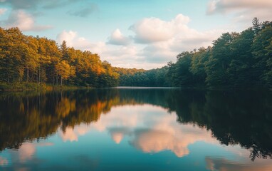 Obraz premium Peaceful lakeside scene with calm water reflecting the sky and trees