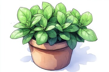 Lush Green Basil Plant in a Terracotta Pot with Vibrant Leaves for Home Decor and Culinary Use in Kitchen Gardens and Indoor Spaces