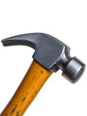 Hammered, detailed view of a claw hammer with a wooden handle