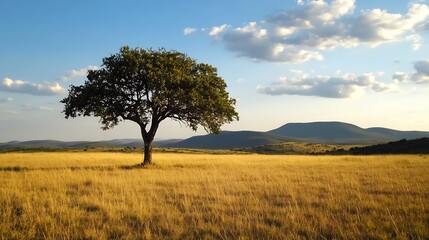Majestic solitary tree in an open landscape under a clear blue sky with distant mountains and golden grassland : Generative AI