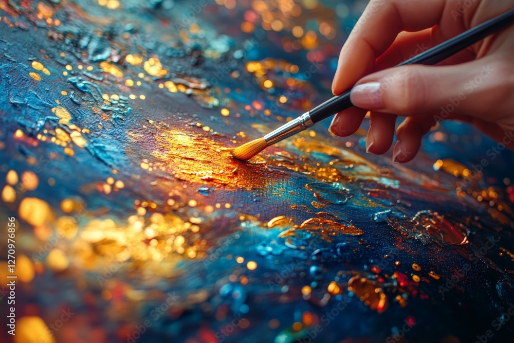 Poster creative artist applying vibrant colors to a textured canvas in a studio setting with rich, glowing 