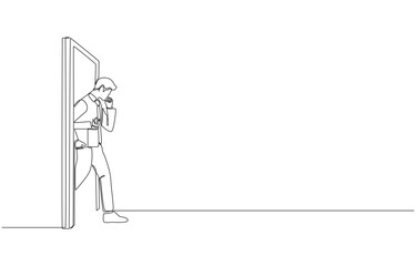 Continuous one line drawing of dismissed employee walking out of office door with box of belongings, being laid off from work concept, single line art