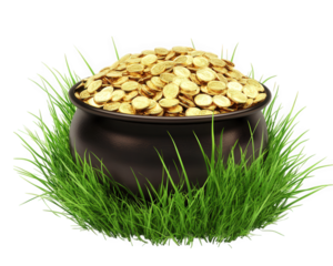 pot of gold filled with shiny coins sits in soft green grass, evoking sense of treasure and luck. This enchanting scene captures imagination and symbolizes prosperity