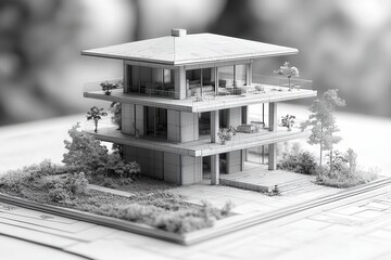 Modern Architectural Model of a Three-Story House with a Flat Roof and Surrounding Landscape Featuring Plants and Outdoor Spaces for Design Presentation