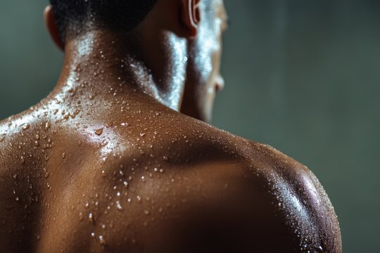 Close up detail of man&rsquo;s wet back in shower
