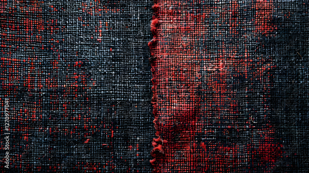 Poster close-up view of textured fabric with contrasting red and black patterns, highlighting textile detai