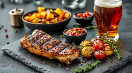 Grilled chicken with roasted vegetables and beer on a slate platter.