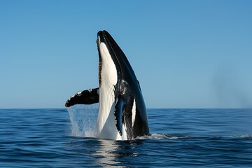 Obraz premium Humpback whale breaching ocean waters wildlife photography clear skies side view marine life