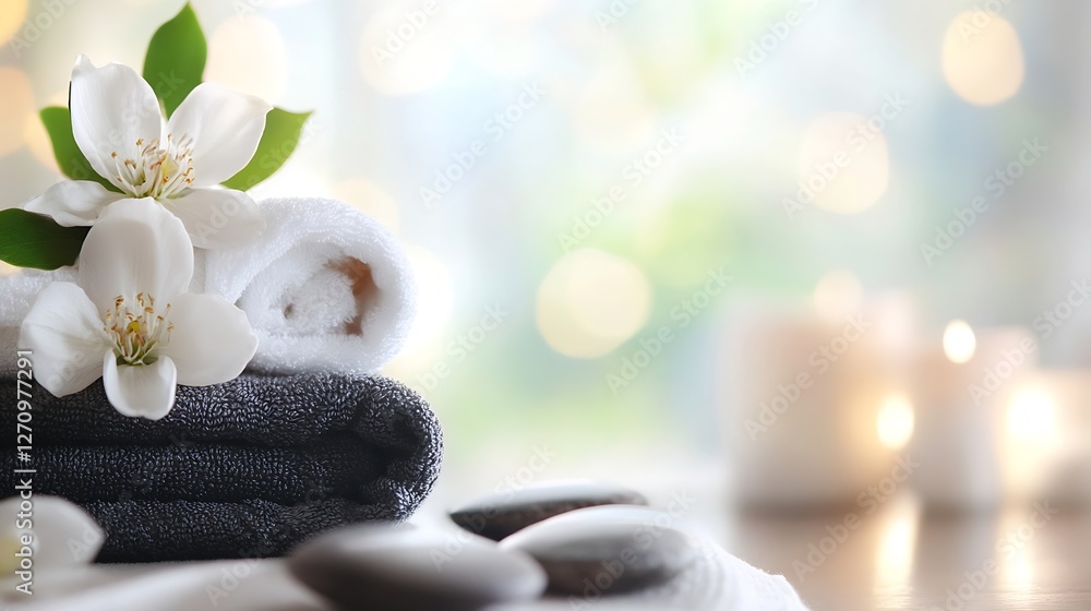 Poster serene spa setting with soft towels smooth stones and fresh white flowers : generative ai