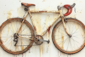 Vintage Bicycle with Worn Frame and Rusty Components Displayed Against a Textured Wall Showcasing Its Unique Charm and Storytelling Beauty in an Artistic Context