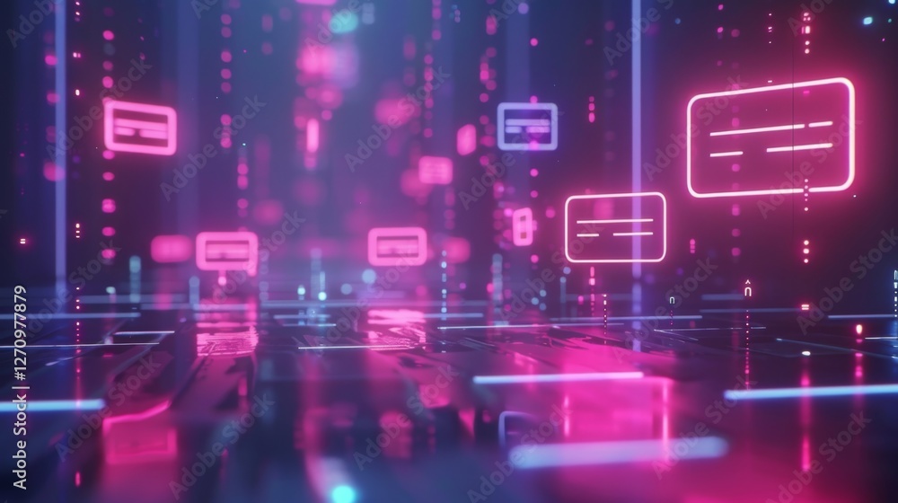 Fototapete a mesmerizing depiction of a digital realm filled with glowing neon rectangles, shimmering reflectio