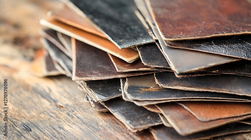 Aufkleber Stack of vintage leather bound journals resting on a rustic wooden table showcasing various textures : Generative AI