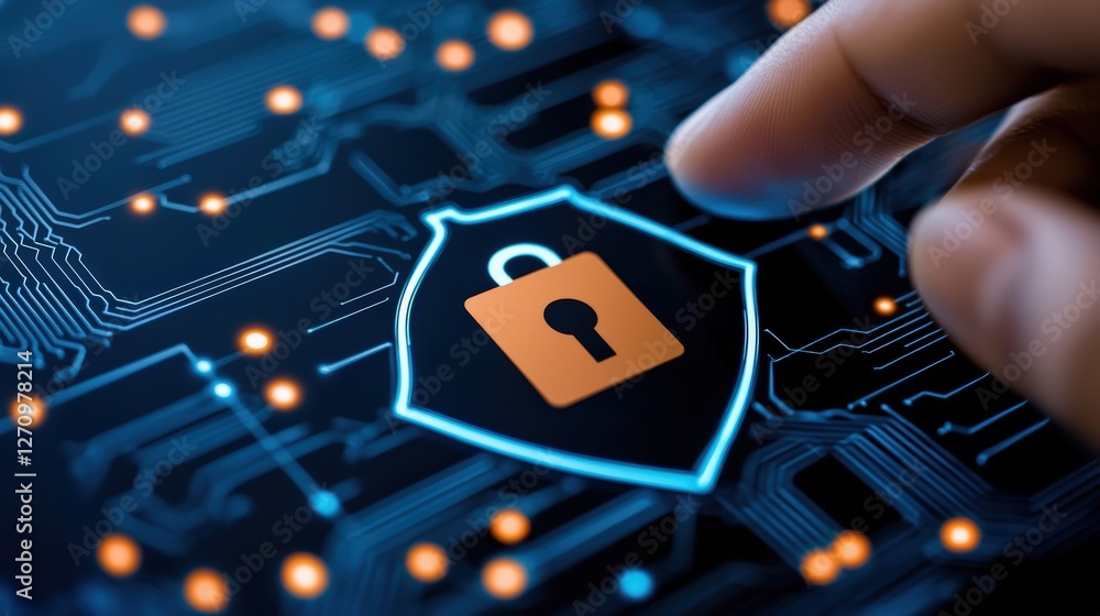 Aufkleber a hand is touching a digital shield with a lock icon, symbolizing cybersecurity and data protection 