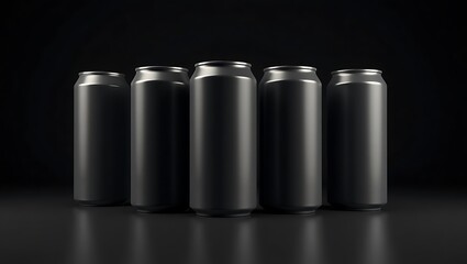 Five Sleek Black Aluminum Cans on a Dark Background, Minimalist Product Display