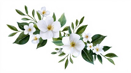 Fototapeta premium Spring Awakening nature renewal concept. A delicate arrangement of white flowers and green leaves, perfect for floral designs, invitations, or nature-themed projects.