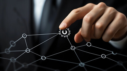 Automation of business or robotic process RPA technology. Transfer of data between application. Businessman touching gears icon on network connection