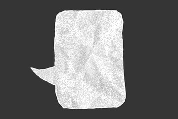 Crumpled paper speech bubble, isolated template for banners. Dialogue balloon with a halftone effect, gritty dotted texture and torn jagged notebook sheet edges.