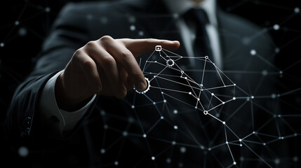 Automation of business or robotic process RPA technology. Transfer of data between application. Businessman touching gears icon on network connection