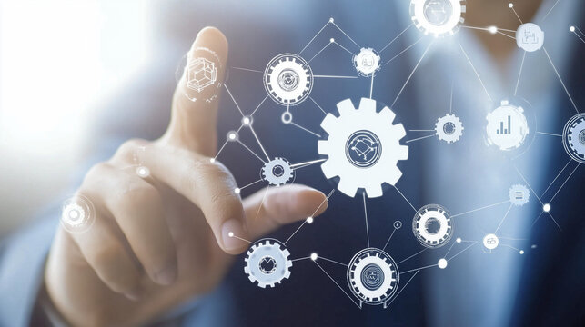 Automation of business or robotic process RPA technology. Transfer of data between application. Businessman touching gears icon on network connection - Powered by Adobe