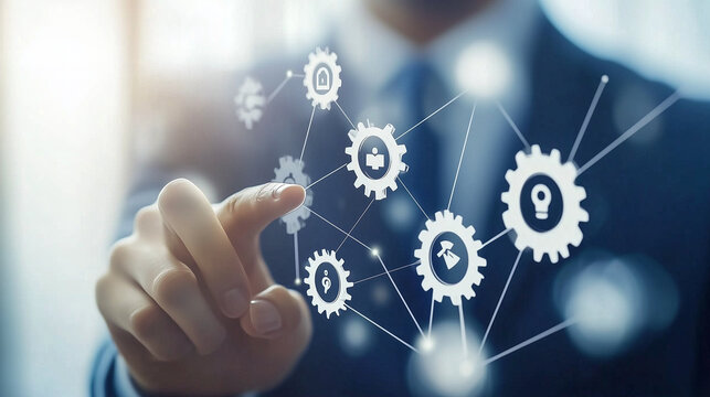 Automation of business or robotic process RPA technology. Transfer of data between application. Businessman touching gears icon on network connection