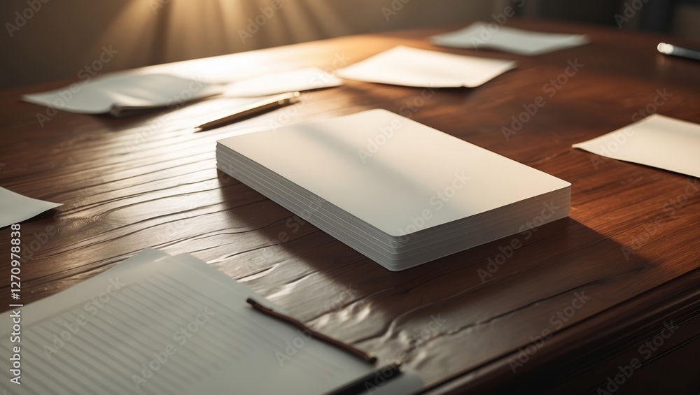 Poster blank notepad and papers on a wooden table illuminated by soft light in a cozy workspace