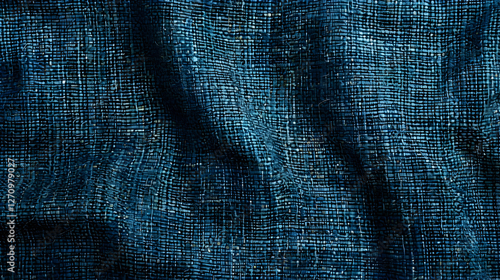 Poster close-up of textured blue fabric displaying intricate woven patterns and subtle light reflections