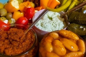 Colorful assortment of appetizers featuring dips, olives, and vegetables at a festive gathering