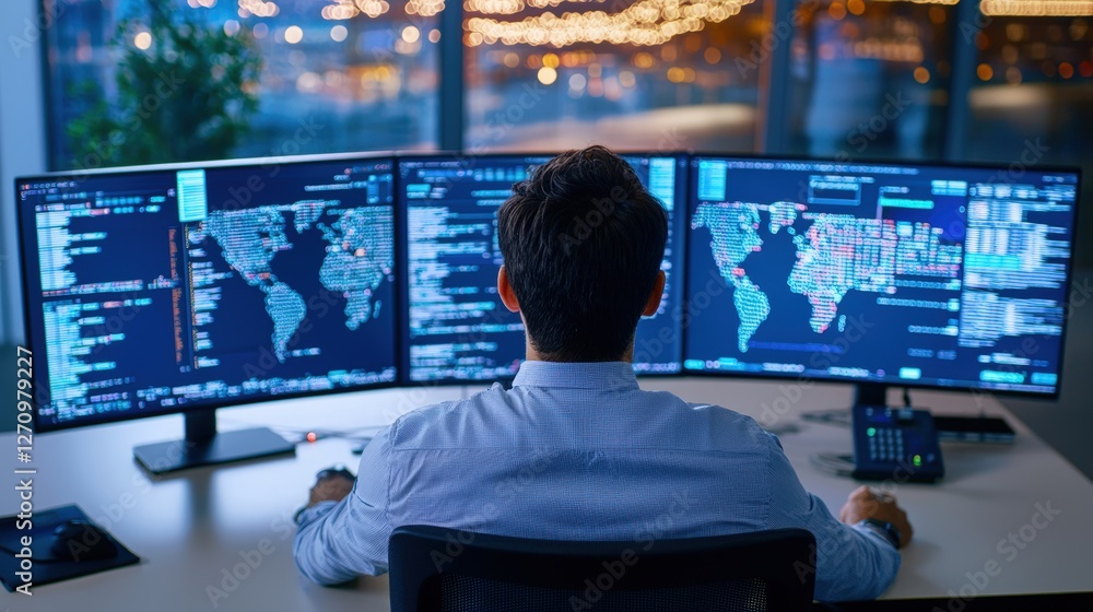 Poster a person monitors multiple screens displaying data and maps, working in a modern office with city li