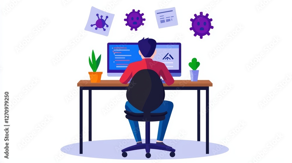 Poster a person sitting at a desk working on a computer with graphical representations of viruses and plant